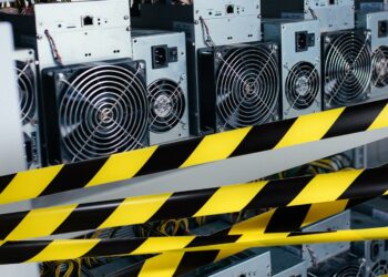 equipos asic para la minería de bitcoin y criptomonedas rodeados por cintas policiales