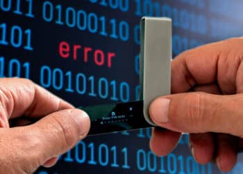 mano sosteniendo monedero ledger con codigo de error en el fondo