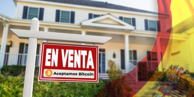 anuncio de venta con bitcoin en frente de casa junto con bandera de españa superpuesta.