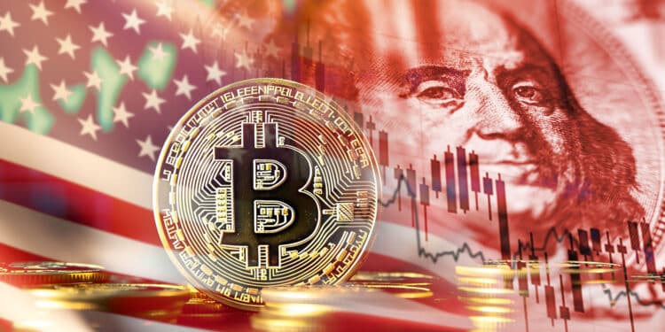 Bitcoin, bandera de Estados Unidos y dolar.