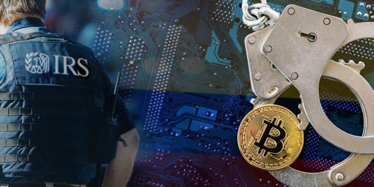 Agente del IRS junto a moneda de bitcoin entre esposas con bandera de colombia pintada sobre placa metalica