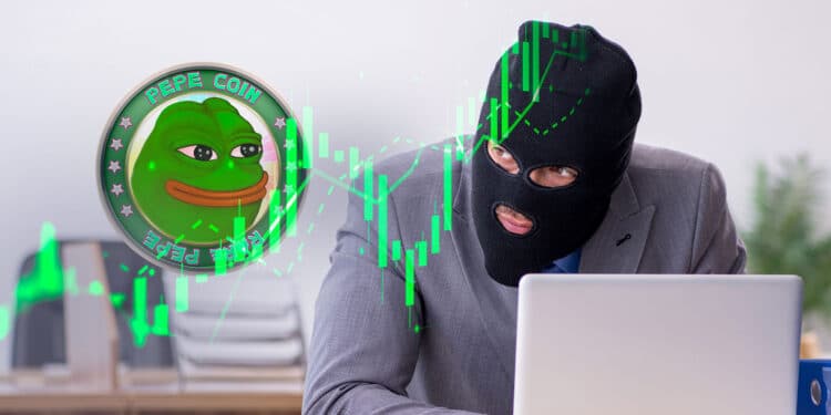 Criptomoneda PEPE, gráfico verde y ladrón.