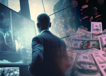 trader en frente de pantalla con graficos de precio junto a lavado de dolares y monedas
