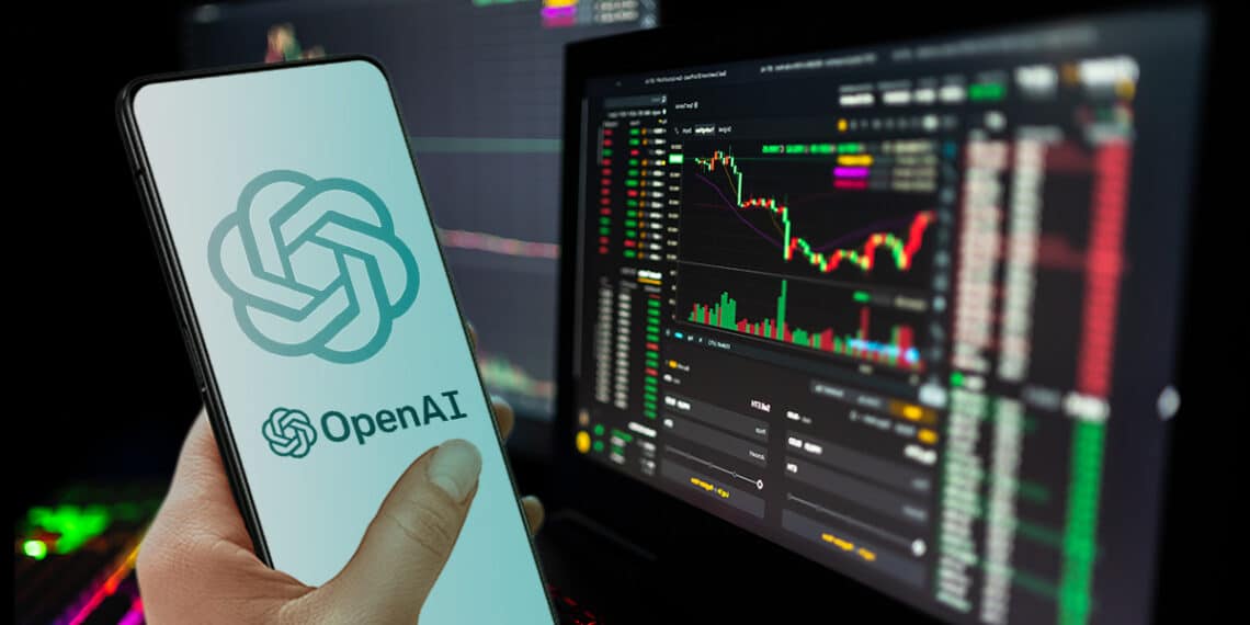 mano sosteniendo telefono movil con logo de OpenAI con pantallas de computadoras con graficos de precio