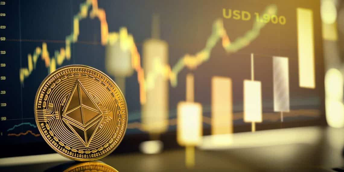 moneda de ethereum apoyada en pantalla con grafico de precio en el fondo