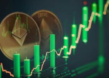 monedas de ethereum con grafico de precio alcista superpuesto