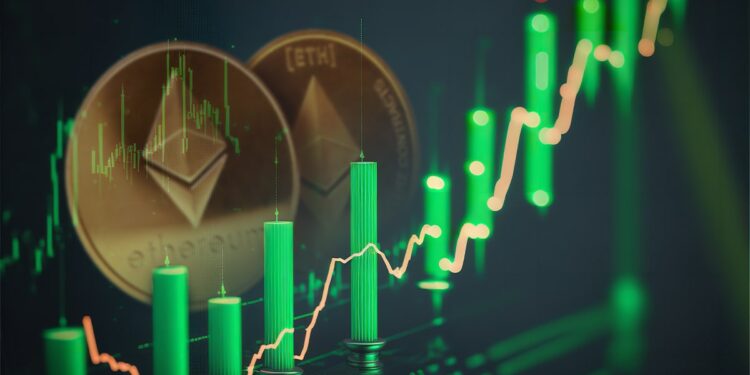 monedas de ethereum con grafico de precio alcista superpuesto