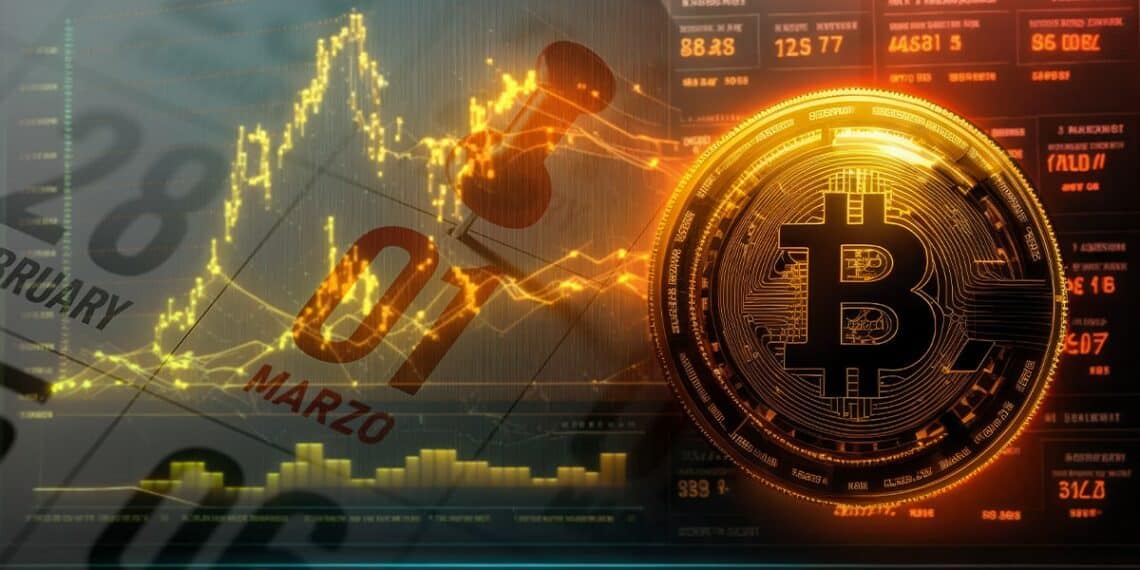 moneda de bitcoin junto a grafico de precio e indicadores de mercado con calendario de marzo superpuesto