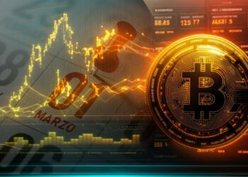 moneda de bitcoin junto a grafico de precio e indicadores de mercado con calendario de marzo superpuesto