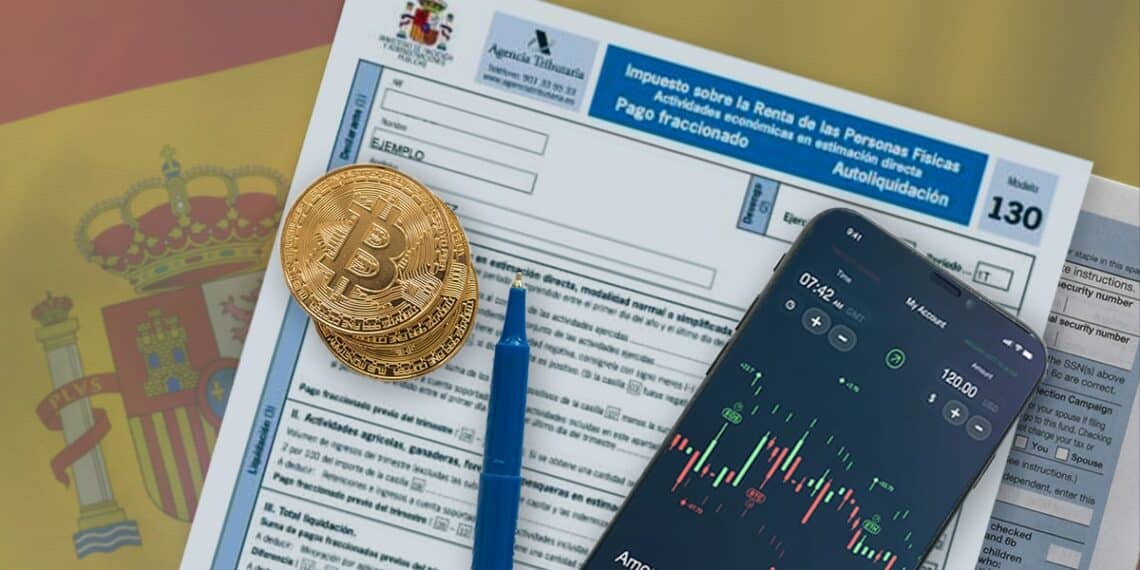 monedas de bitcoin y telefono movil con exchange de criptomonedas en pantalla sobre formulario de declaración de impuestos del gobierno de españa con bandera en el fondo