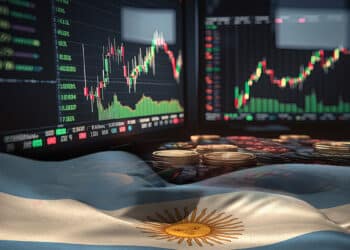 bandera de Argentina cayendo con graficos de mercado de plataformas de trading y criptomonedas en el fondo
