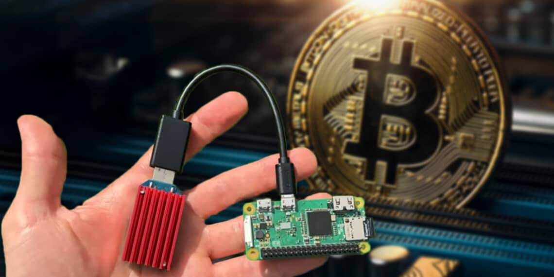 mano sosteniendo dispositivo de Raspberry con moneda de bitcoin en el fondo