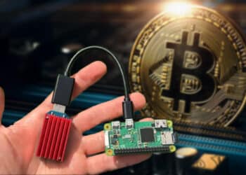 mano sosteniendo dispositivo de Raspberry con moneda de bitcoin en el fondo