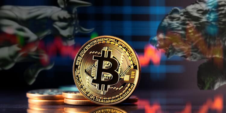 moneda de bitcoin con grafico de precio, toro y oso enfrentandose en el fondo