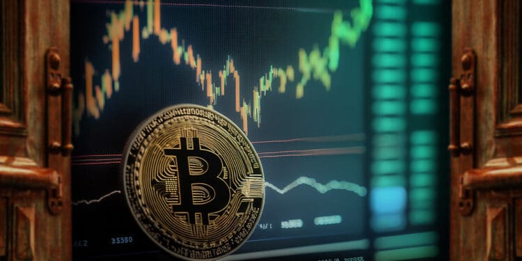 moneda de bitcoin con grafico de precio en aumennto en pantalla al fonddo rodeado por puertas abriendose
