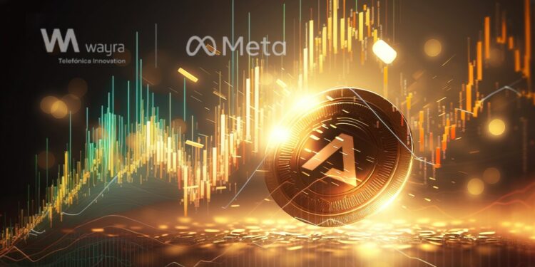 moneda con logo de Gamium brillando con grafico de precio alcista superpuesto y logos de telefonica y meta en el fondo