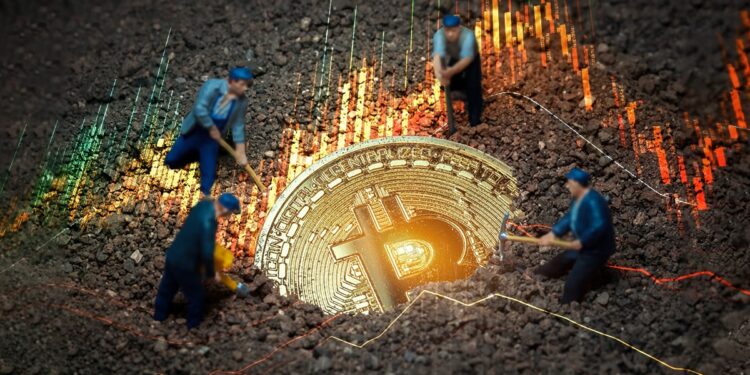 mineros extraen moneda de bitcoin de la tierra con grafico de precio alcista proyectado sobre la tierra