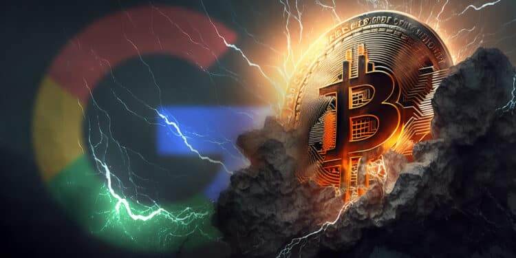 logo de google en cielo con relampagos y moneda de bitcoin dentro de nube tormentosa