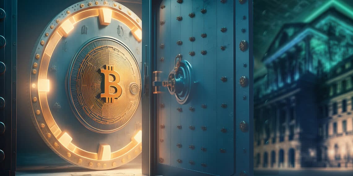 boveda de bitcoin detras de puerta abierta junto a fachada de banco