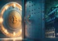 boveda de bitcoin detras de puerta abierta junto a fachada de banco
