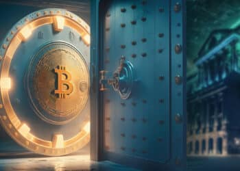 boveda de bitcoin detras de puerta abierta junto a fachada de banco