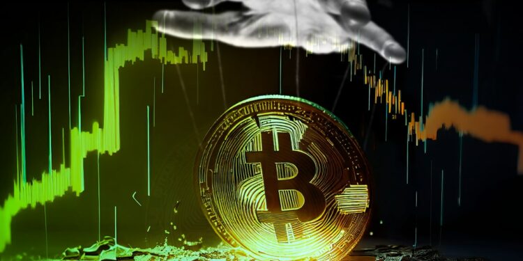 mano con hilo atados a los dedos con moneda de bitcoin y grafico de precio en el fondo