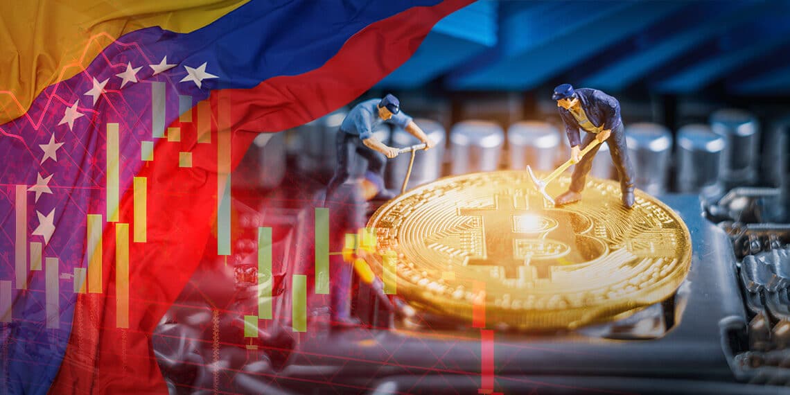 Mineros trabajando en minería de bitcoin junto a bandera de Venezuela.