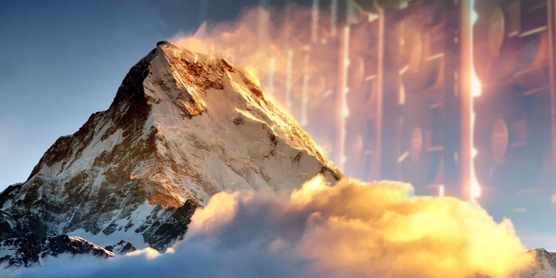 pico del himalaya con mineros de bitcoin reflejados en el amanecer