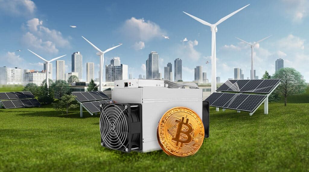 moneda de bitcoin apoyada en minero asic con generadores de energias renovables