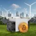 moneda de bitcoin apoyada en minero asic con generadores de energias renovables