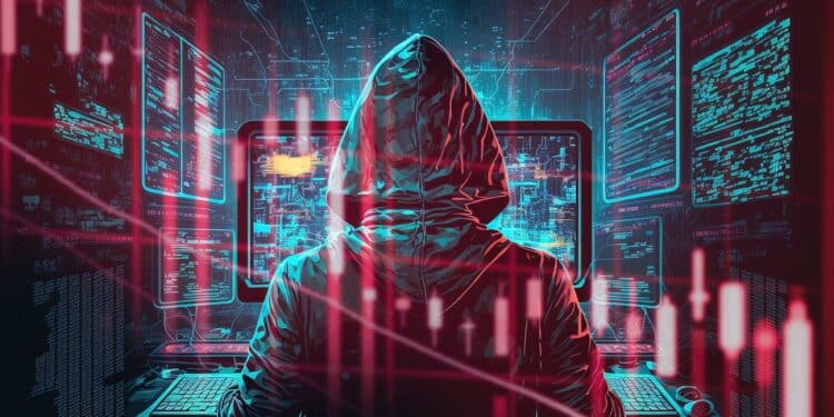 Hacker en la computadora y gráfico rojo.
