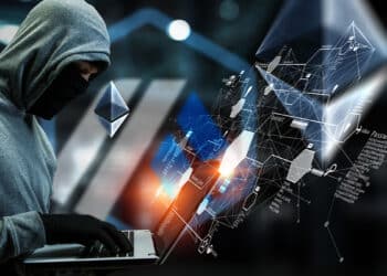 Hacker en computadora ingresando a red con logos de ethereum y arbitrum alrededor