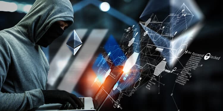 Hacker en computadora ingresando a red con logos de ethereum y arbitrum alrededor