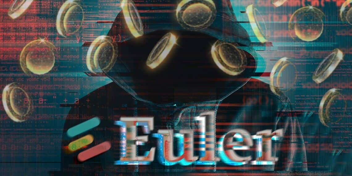 logo de euler alterado con monedas digitales cayendo y hacker en el fondo