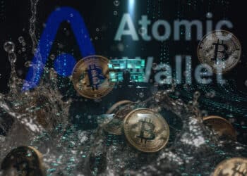 monedas de bitcoin cayendo y salpicando agua con hacker entre plataforma digital con código y logo de Atomic Wallet en el fondo