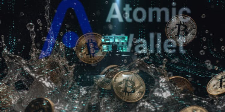 monedas de bitcoin cayendo y salpicando agua con hacker entre plataforma digital con código y logo de Atomic Wallet en el fondo
