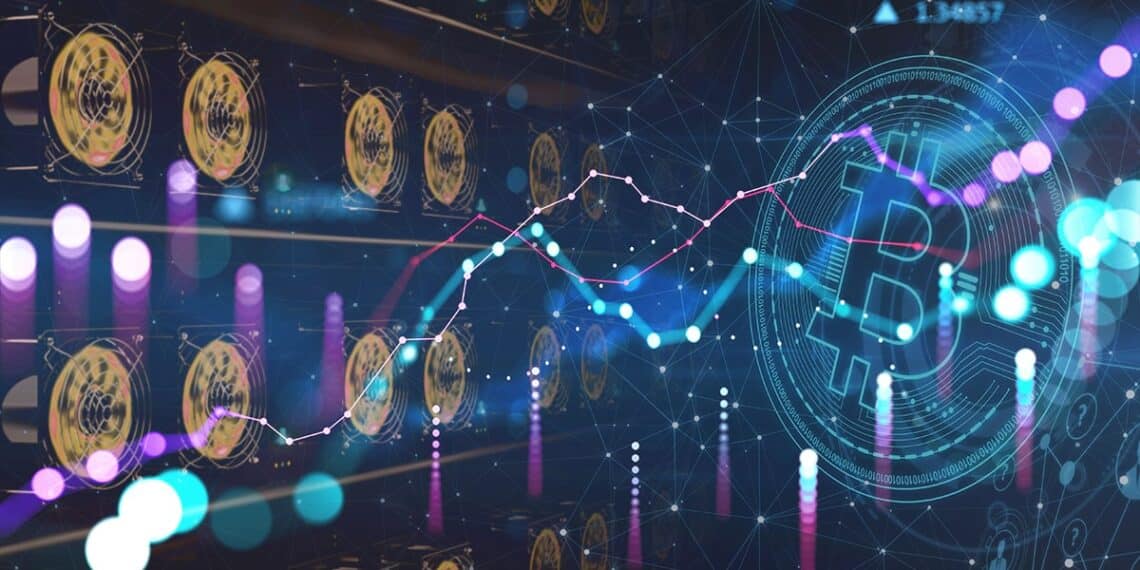 mineros asic de bitcoin en rigs junto a moneda digital de bitcoin con grafico creciente superpuesto