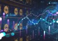 mineros asic de bitcoin en rigs junto a moneda digital de bitcoin con grafico creciente superpuesto