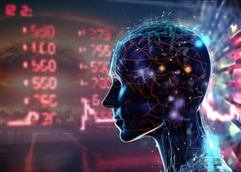 inteligencia artificial recibiendo data digital con indicadores de mercado en rojo y explosion de bomba en el fondo