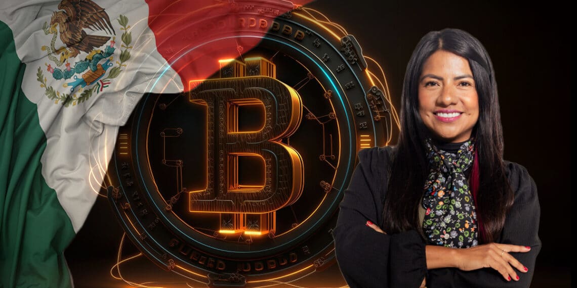 Indira Kempis con moneda de bitcoin y bandera de México en el fondo