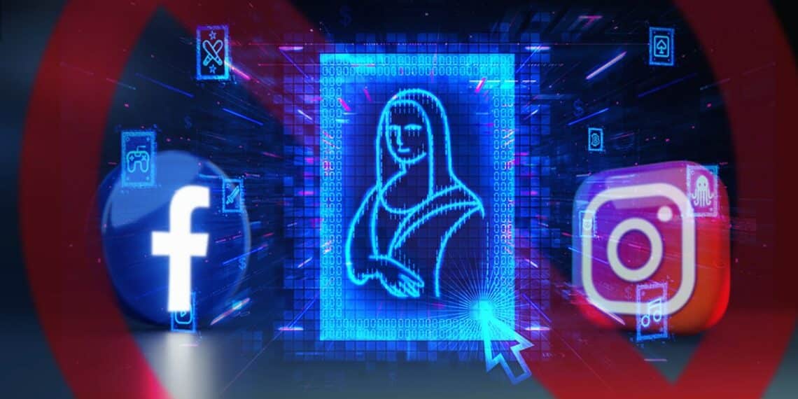 imagen digital en NFT sobre simbolo de prohibido con logos de Facebook e Istagram en el fondo
