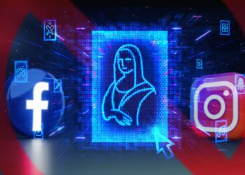 imagen digital en NFT sobre simbolo de prohibido con logos de Facebook e Istagram en el fondo