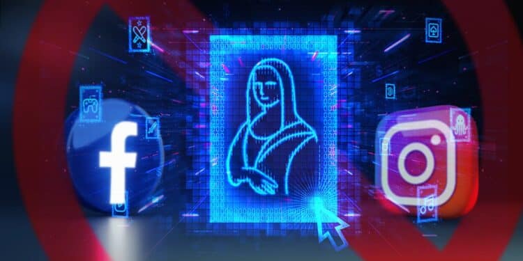 imagen digital en NFT sobre simbolo de prohibido con logos de Facebook e Istagram en el fondo