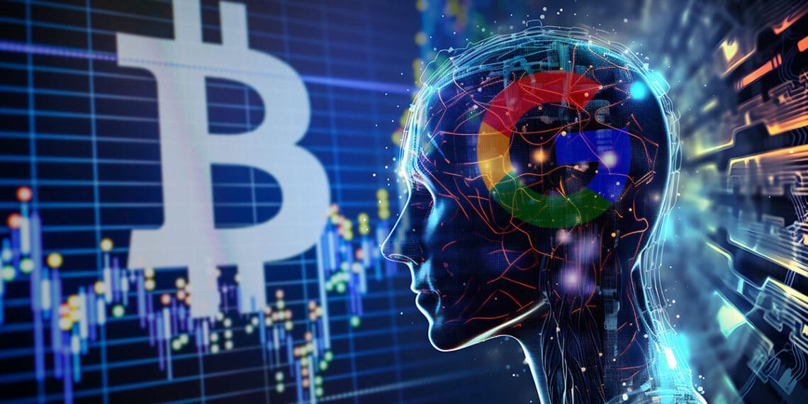 inteligencia artificial con logo de Google observando grafico de precio con logo de Bitcoin