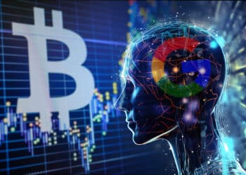 inteligencia artificial con logo de Google observando grafico de precio con logo de Bitcoin