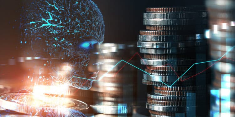 monedas apiladas junto a inteligencia artificial