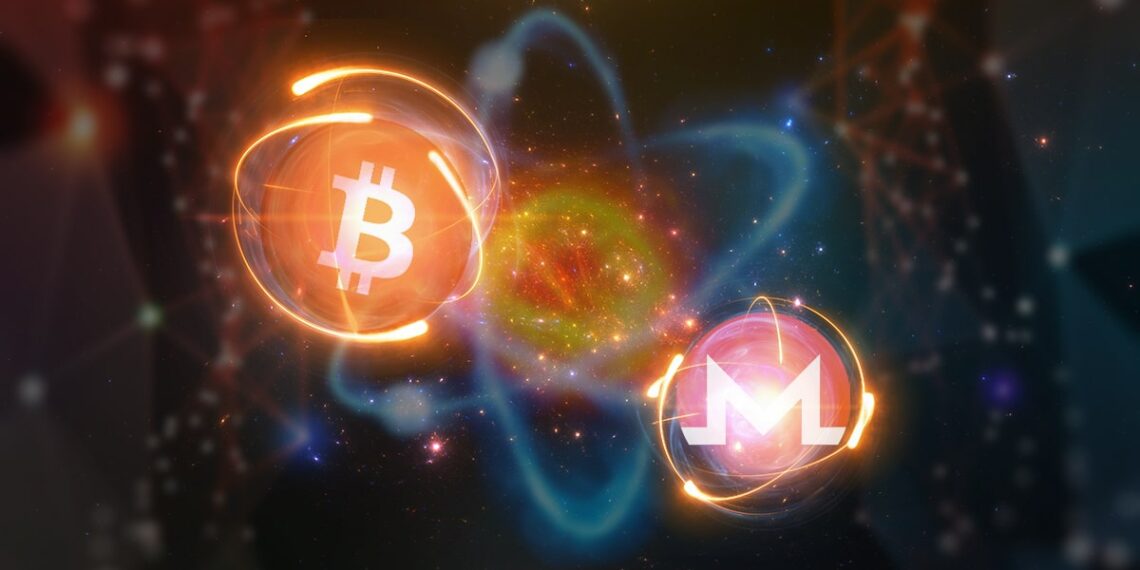 bitcoin y monero dentro de atomos luminosos con red digital en el fondo