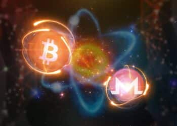 bitcoin y monero dentro de atomos luminosos con red digital en el fondo