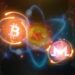 bitcoin y monero dentro de atomos luminosos con red digital en el fondo