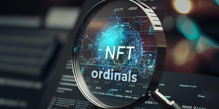 lupa sobre pantalla de computadora con grafico de precio y globo de NFT ordinals